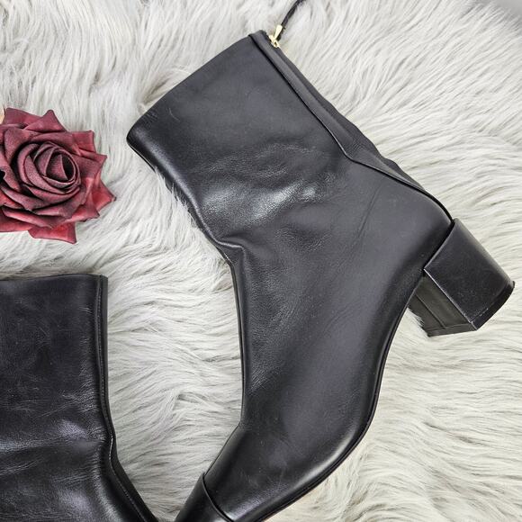 Ann Taylor Black Leather Ankle Boots Size 7M Square Toe Block Heel Back Zip Chic - Picture 9 of 13